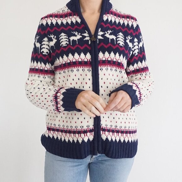Vintage Tradition White Blue Red Winter Reindeer Snowflake Zip Up Sweater M - Picture 2 of 11